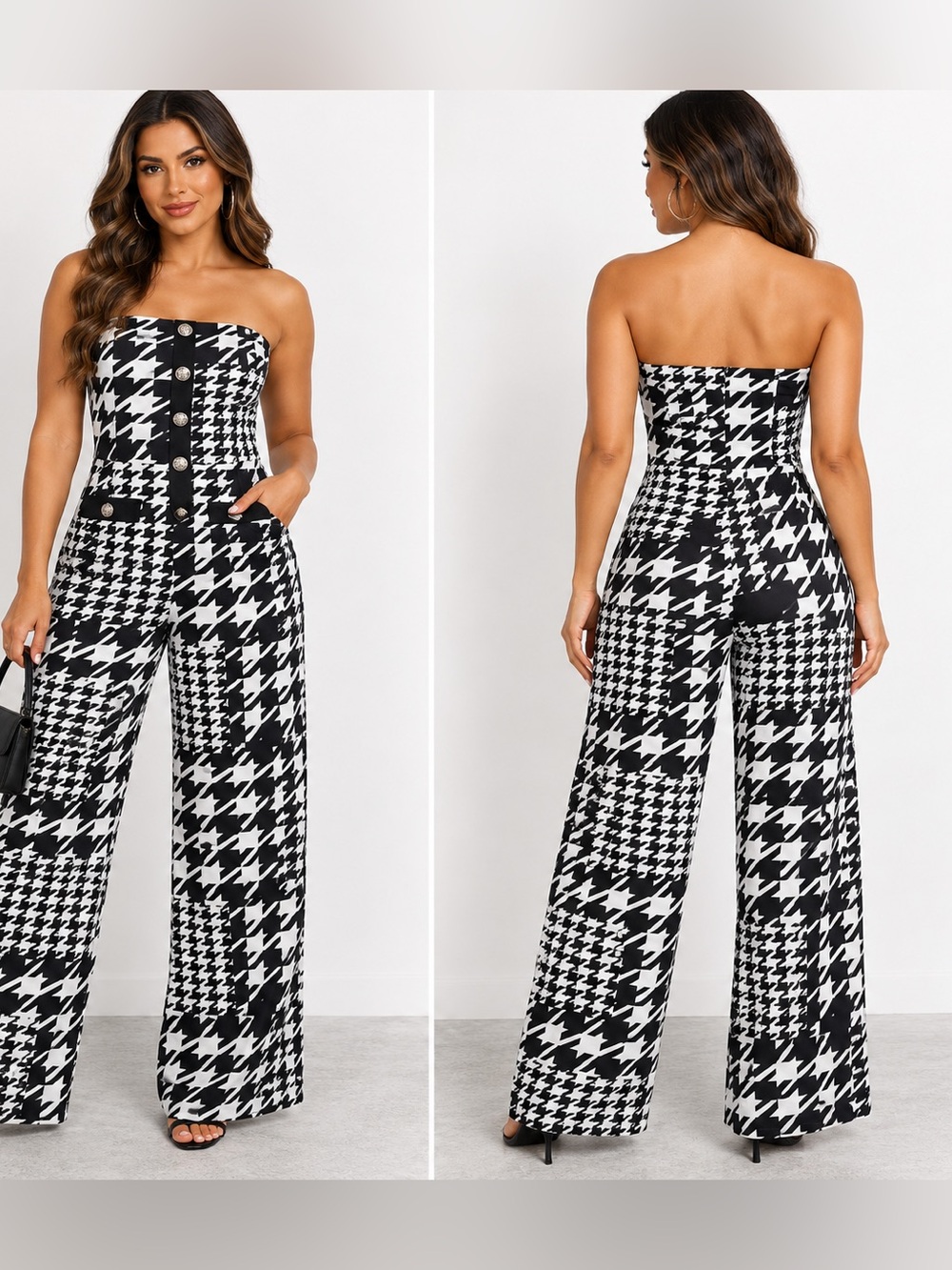 High-Waist Black & White Houndstooth Pants with Button Front